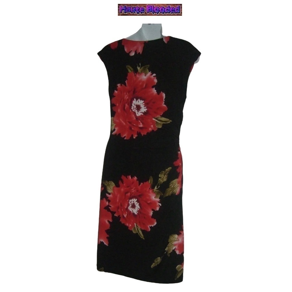 Vintage 90's Dressbarn Dress LBD Red Flower Floral Print Summer Ruched y2k Sz 6 - Picture 6 of 10